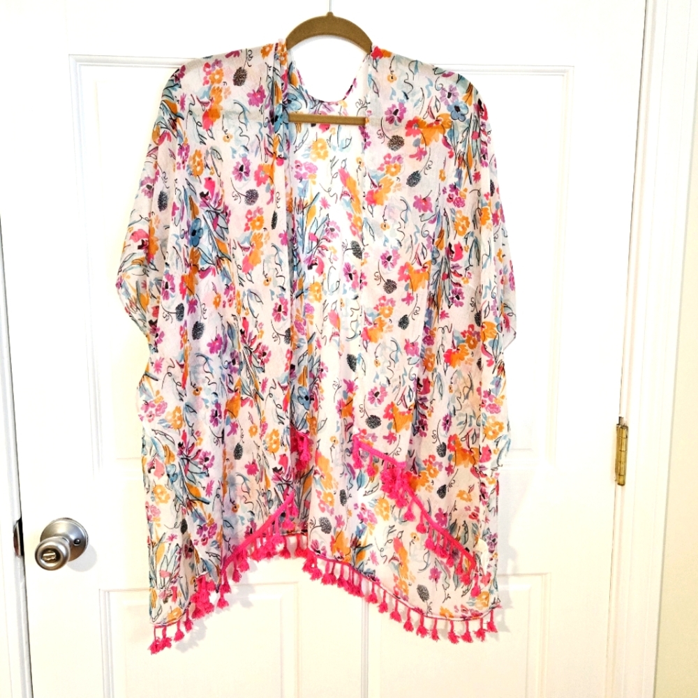 Cover Up With Tassle Trim, Perfect For Beach! Swim Cover Up, Kimono Style